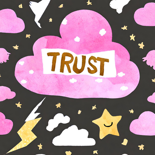 a watercolour of pink clouds in a black sky with the and the word TRUST in the center of the biggest cloud
